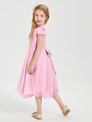 Chiffon Tea Length Junior Bridesmaid Dresses Candy Pink