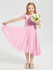 Chiffon Tea Length Junior Bridesmaid Dresses Candy Pink