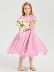 Chiffon Tea Length Junior Bridesmaid Dresses Candy Pink