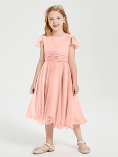 Chiffon Tea Length Junior Bridesmaid Dresses Coral