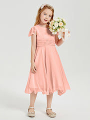 Chiffon Tea Length Junior Bridesmaid Dresses Coral