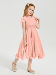 Chiffon Tea Length Junior Bridesmaid Dresses Coral