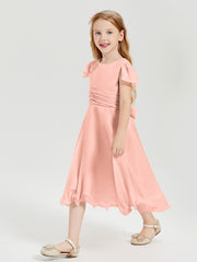 Chiffon Tea Length Junior Bridesmaid Dresses Coral