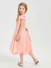 Chiffon Tea Length Junior Bridesmaid Dresses Coral