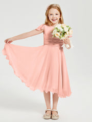 Chiffon Tea Length Junior Bridesmaid Dresses Coral