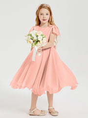Chiffon Tea Length Junior Bridesmaid Dresses Coral