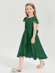 Chiffon Tea Length Junior Bridesmaid Dresses Dark Green