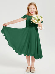 Chiffon Tea Length Junior Bridesmaid Dresses Dark Green
