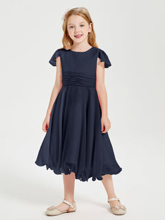 Chiffon Tea Length Junior Bridesmaid Dresses Dark Navy