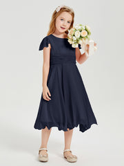 Chiffon Tea Length Junior Bridesmaid Dresses Dark Navy