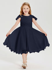 Chiffon Tea Length Junior Bridesmaid Dresses Dark Navy