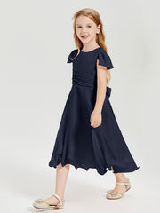 Chiffon Tea Length Junior Bridesmaid Dresses Dark Navy