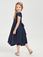 Chiffon Tea Length Junior Bridesmaid Dresses Dark Navy