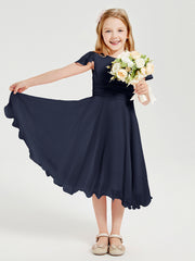 Chiffon Tea Length Junior Bridesmaid Dresses Dark Navy