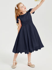 Chiffon Tea Length Junior Bridesmaid Dresses Dark Navy