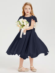 Chiffon Tea Length Junior Bridesmaid Dresses Dark Navy
