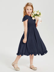 Chiffon Tea Length Junior Bridesmaid Dresses Dark Navy