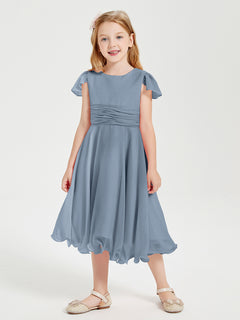 Chiffon Tea Length Junior Bridesmaid Dresses Dusty Blue