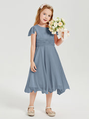 Chiffon Tea Length Junior Bridesmaid Dresses Dusty Blue