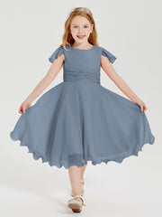 Chiffon Tea Length Junior Bridesmaid Dresses Dusty Blue