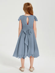 Chiffon Tea Length Junior Bridesmaid Dresses Dusty Blue