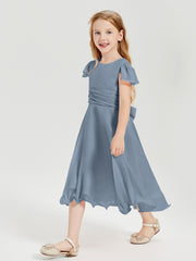 Chiffon Tea Length Junior Bridesmaid Dresses Dusty Blue