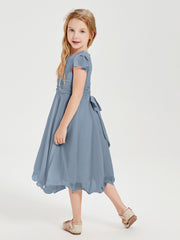 Chiffon Tea Length Junior Bridesmaid Dresses Dusty Blue