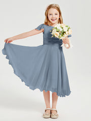 Chiffon Tea Length Junior Bridesmaid Dresses Dusty Blue