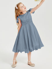 Chiffon Tea Length Junior Bridesmaid Dresses Dusty Blue