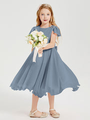 Chiffon Tea Length Junior Bridesmaid Dresses Dusty Blue