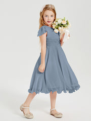 Chiffon Tea Length Junior Bridesmaid Dresses Dusty Blue