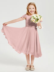 Chiffon Tea Length Junior Bridesmaid Dresses Dusty Rose