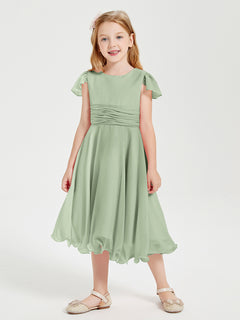 Chiffon Tea Length Junior Bridesmaid Dresses Dusty Sage