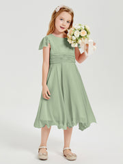 Chiffon Tea Length Junior Bridesmaid Dresses Dusty Sage