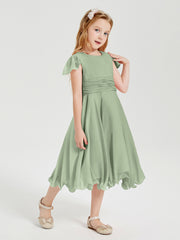 Chiffon Tea Length Junior Bridesmaid Dresses Dusty Sage
