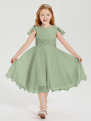 Chiffon Tea Length Junior Bridesmaid Dresses Dusty Sage