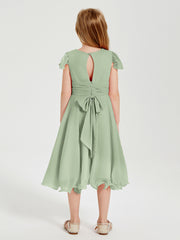 Chiffon Tea Length Junior Bridesmaid Dresses Dusty Sage