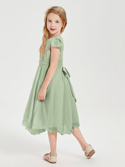 Chiffon Tea Length Junior Bridesmaid Dresses Dusty Sage