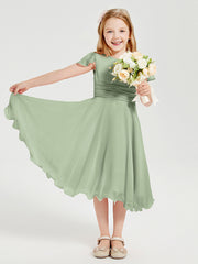 Chiffon Tea Length Junior Bridesmaid Dresses Dusty Sage