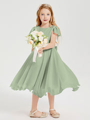 Chiffon Tea Length Junior Bridesmaid Dresses Dusty Sage