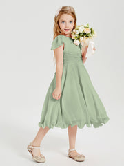 Chiffon Tea Length Junior Bridesmaid Dresses Dusty Sage