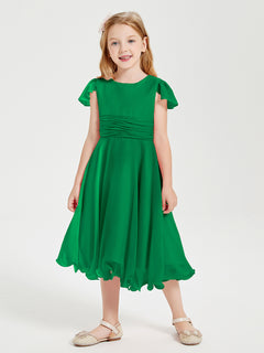 Chiffon Tea Length Junior Bridesmaid Dresses Emerald