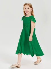 Chiffon Tea Length Junior Bridesmaid Dresses Emerald