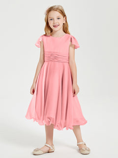 Chiffon Tea Length Junior Bridesmaid Dresses Flamingo