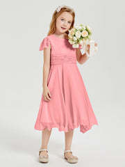 Chiffon Tea Length Junior Bridesmaid Dresses Flamingo