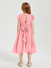 Chiffon Tea Length Junior Bridesmaid Dresses Flamingo