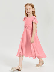 Chiffon Tea Length Junior Bridesmaid Dresses Flamingo