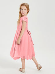 Chiffon Tea Length Junior Bridesmaid Dresses Flamingo