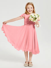 Chiffon Tea Length Junior Bridesmaid Dresses Flamingo