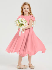 Chiffon Tea Length Junior Bridesmaid Dresses Flamingo